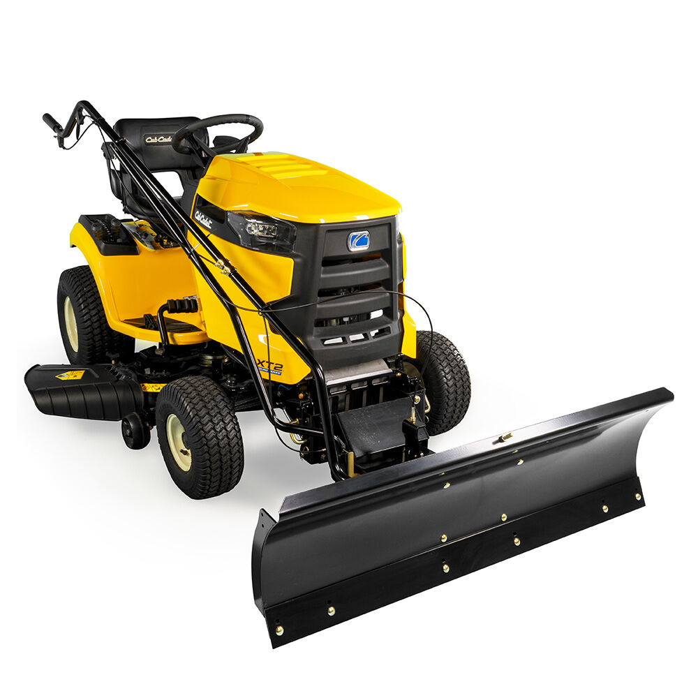 Black Plow Blade attached to a Cub Cadet riding lawn mower